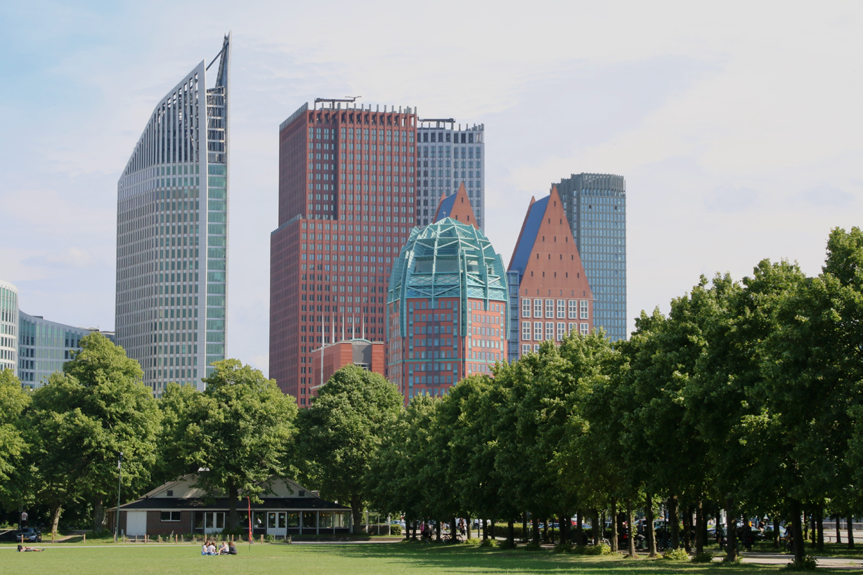 Zicht vanaf het Malieveld op Hoftoren, Citruspers en 'Haagse Tieten'